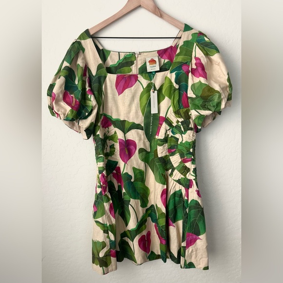 NWT Farm Rio Anthurium Leaves Linen Blend Short-Sleeve Square-Neck Dress - Picture 6 of 7